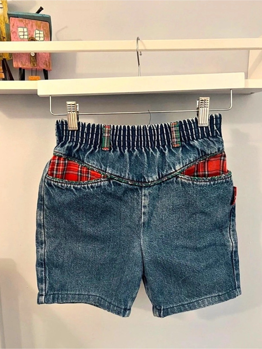 Vintage OshKosh Kids Denim Plaid Trim Shorts